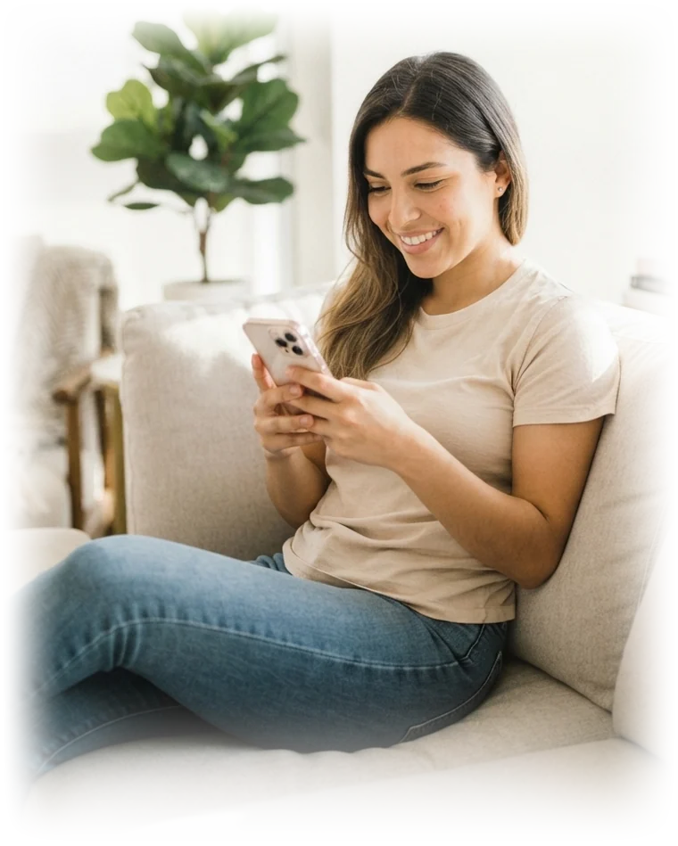 Mujer practicando inglés por WhatsApp desde el sofá de su casa